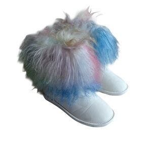 BearPaw Rainbow Boo Blue Boots Size 11 Furry Cuffs Nubuck Suede Short Booties